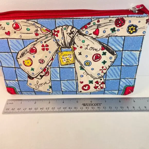 Brighton Pouch with Love From Me To You Blue White Bow Canvas Cosmetic Bag - Picture 6 of 8